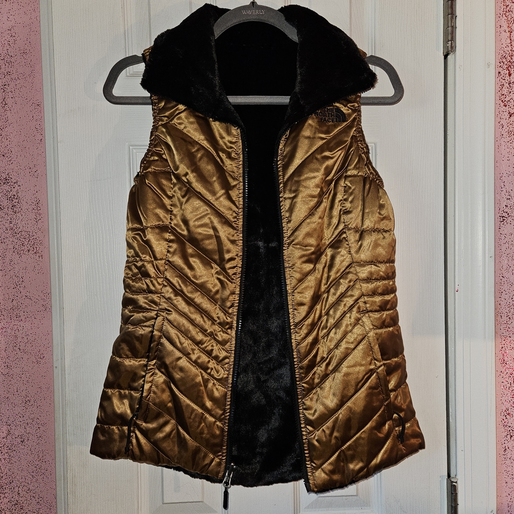 The North Face Metallic Gold Quilted Vest with Black Faux Fur Lining